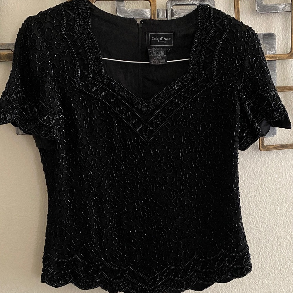 Cote d azur Black Embroidered Blouse 100% silk. Size M